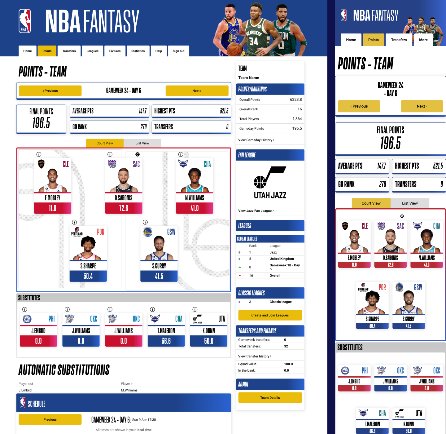 NBA Fantasy team page