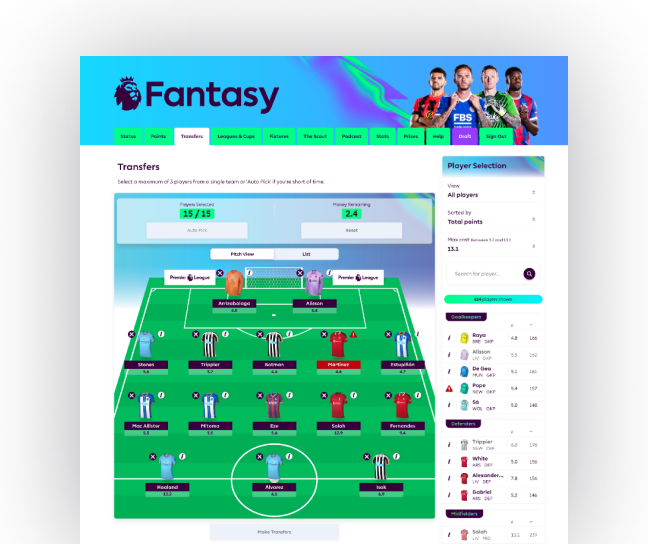 Fantasy Premier League transfers page